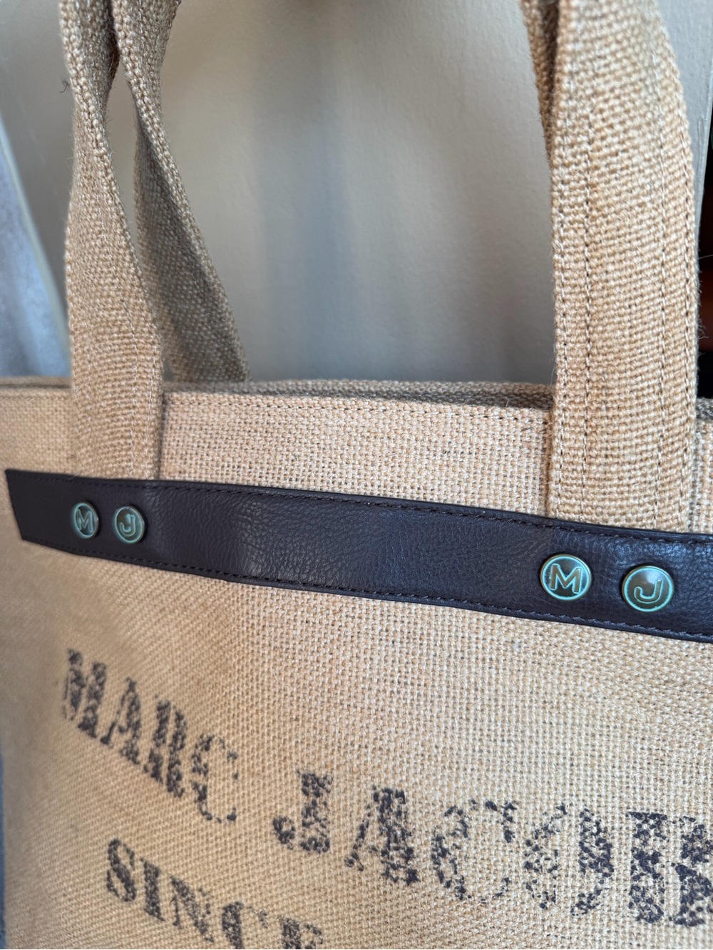 Marc Jacobs Burlap Tote Bag Leather Trim Natural Tan Designer - Picture 3 of 7